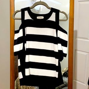Two by Vince Camuto Black and White Striped Cold Shoulder Sweater